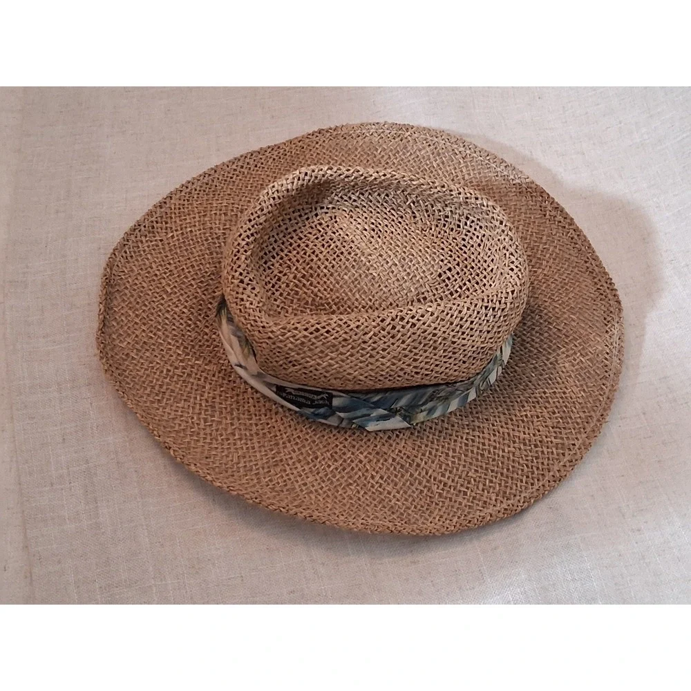 Panama Jack Straw Sun Hat Wide Brim Fedora Tropical Band Tan Small Medium USA